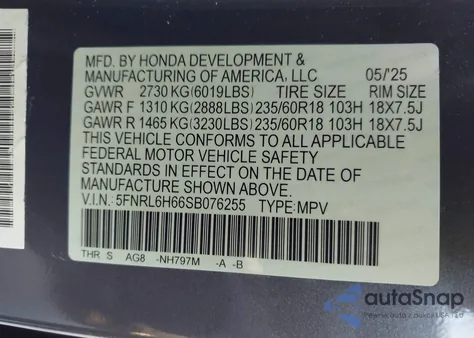 2025 Honda Odyssey Ex-L z USA, uszkodzony, nr VIN 5FNRL6H66SB076255